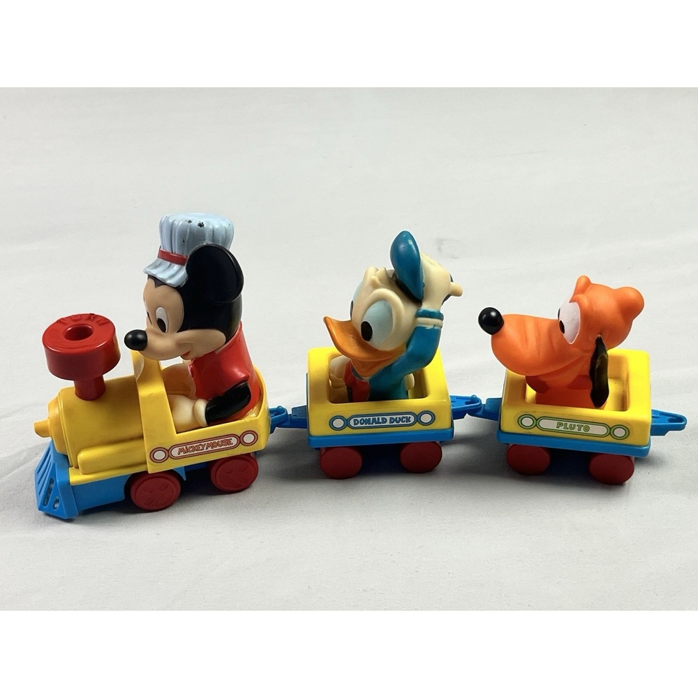 Vintage Disney Wind Up Train Illco Mickey Donald Pluto 3 Car Toy Partially Works